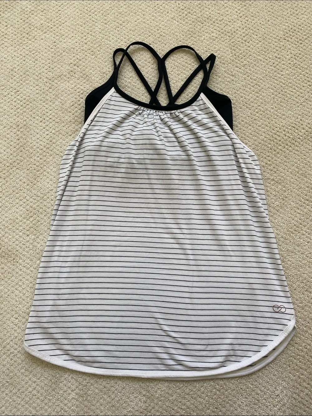 Calia Striped White and Black Women’s Strappy Tank Top with Built in Strappy Bra